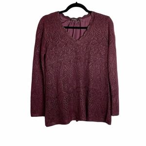 Nic+Zoe Womens Maroon Sparkle Shine On V-Neck Sweater